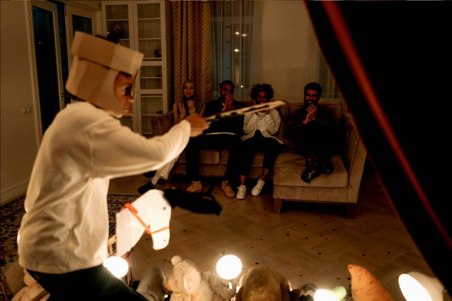 Performer working through an improvisational scene during a remote session